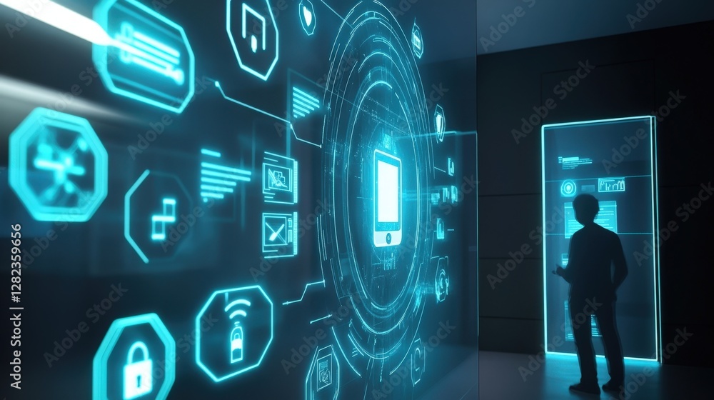 Poster futuristic office with holographic touch screen interface displaying cyber security information. mob