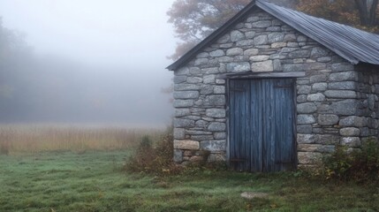 Obraz premium Old Stone Building with Blue Door in a Misty Field Under Autumn Trees
