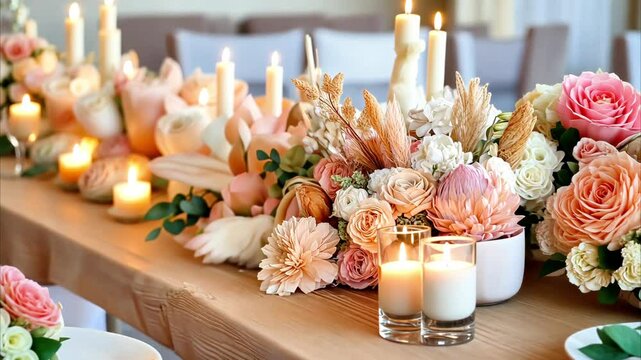 Elegant pink floral arrangement with candles on beautifully set table, perfect for celebration decor and creating warm atmosphere.