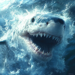 Naklejka premium Animated shark swimming towards viewer, mouth open, teeth visible, blue water with white foam, near surface under sunlight, 3D head texture, evokes awe or fear - AI-Generated