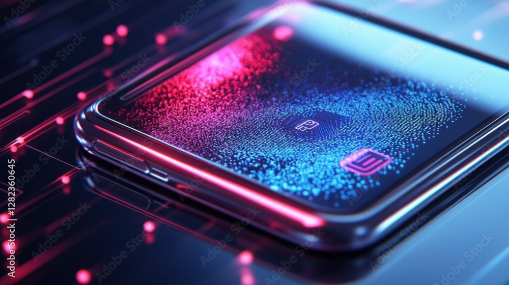 Poster futuristic smartphone is performing biometric fingerprint scan, showcasing advanced technology with 