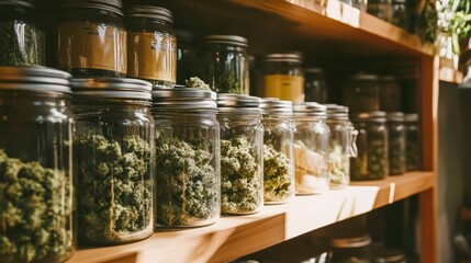 Cannabis jars on wooden shelves in sunlit dispensary display