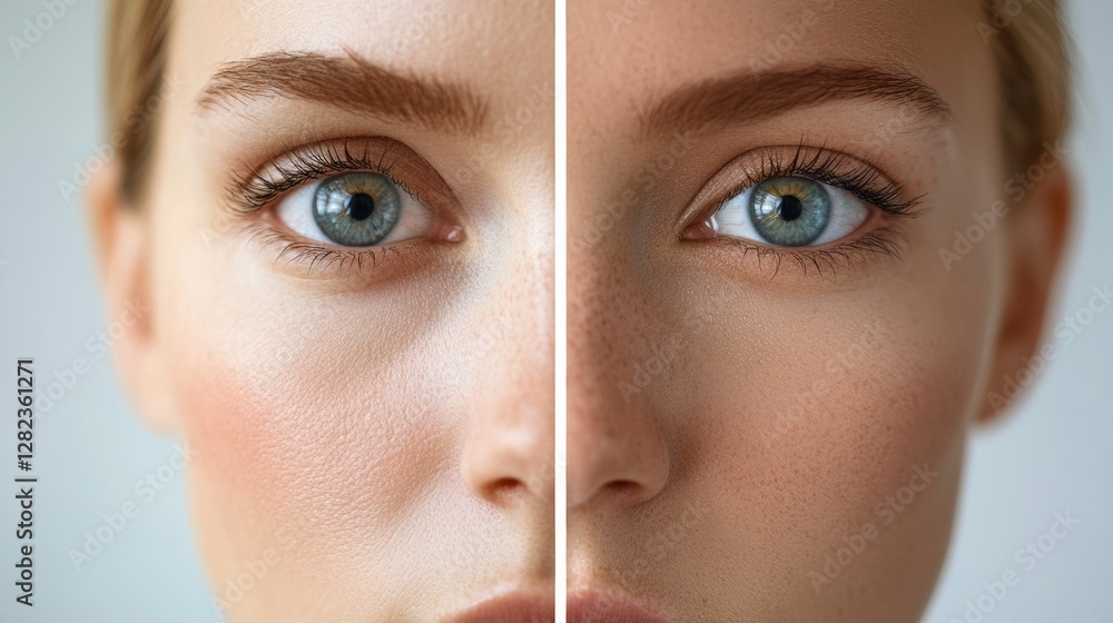 Poster comparison of aging effects on skin showing wrinkles on one side and smooth skin on the other side. 
