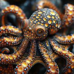 Obraz premium Close-up of a colorful octopus with eight long, flexible arms and visible suckers The animals patterned skin has shades of brown, black, red, yellow, and blue due to lighting - AI-Generated