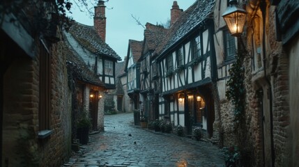 European Cobblestone Street with Old Brick Buildings and Winter Snow