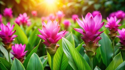 Obraz premium Vibrant Siam tulip flowers in full bloom surrounded by lush green foliage and warm sunlight, with delicate petals unfolding like tiny silk fans, spring flowers, garden blossoms
