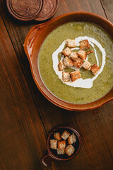 Close up of Rustic Broccoli Soup with Croutons