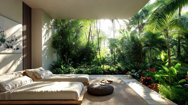 Luxurious bedroom with twin beds, overlooking a lush tropical garden.