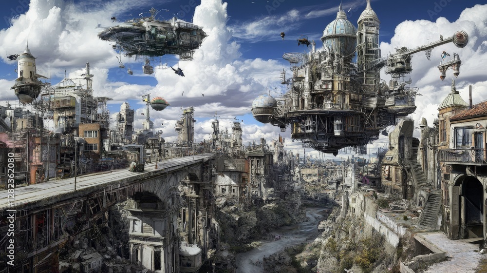 Poster surreal cityscape with floating and twisting architecture