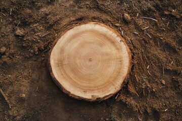 Freshly cut tree stump showing growth rings lying on the ground