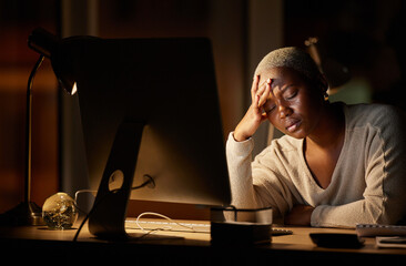 Stress, night and business black woman in office frustrated for online mistake, crisis and project...