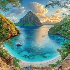Obraz premium Majestic Island Paradise with Lush Green Hills, Turquoise Waters, and Majestic Mountains Underneath Vibrant Blue Sky at Sunset - Perfect Tropical Vacation Destination
