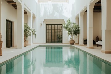 Elegant indoor swimming pool reflecting sunlight in moroccan riad
