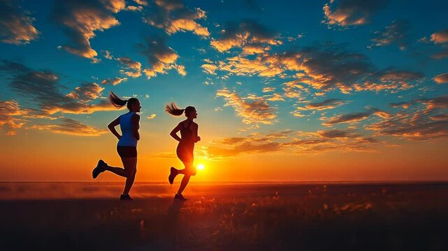 Two women jogging at sunset, enjoying the beautiful, colorful sky.