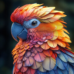 Fototapeta premium Vibrant parrot, colored feathers red, orange, yellow, blue, green, facing right, blue head with red highlights, black eye, no objects in the image, digitally enhanced or painted - AI-Generated