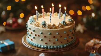 Birthday cake with candles and gifts; festive Christmas background; suitable for greeting cards, celebrations