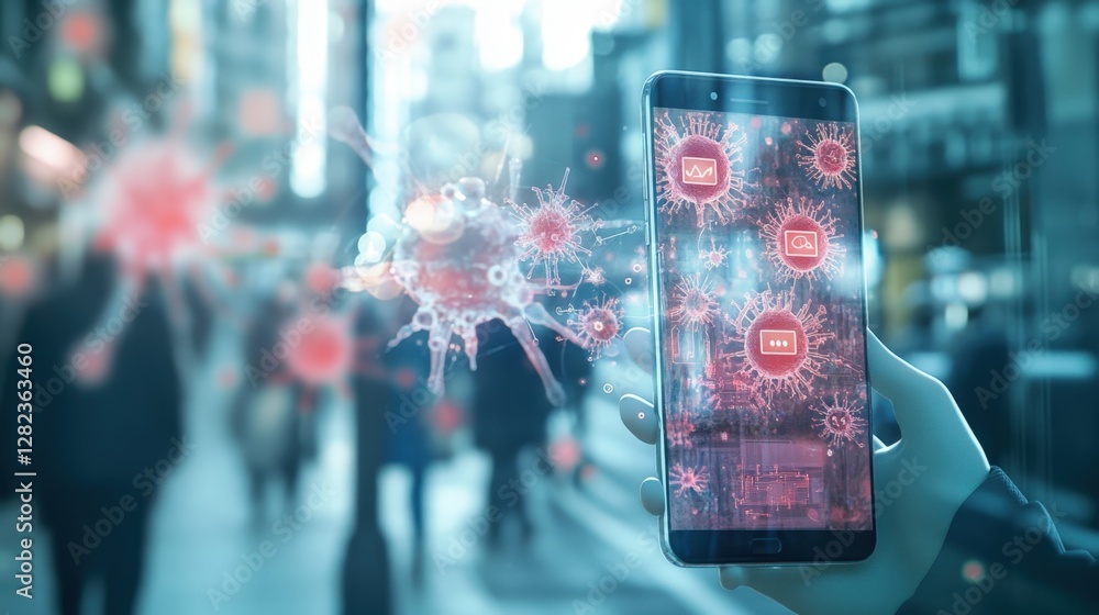 Poster hand holding smartphone with virus detection software and digital viruses floating on screen with bl