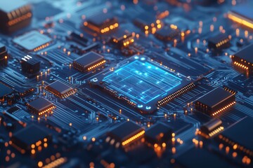Obraz premium Illuminated CPU on Circuit Board; Tech Background
