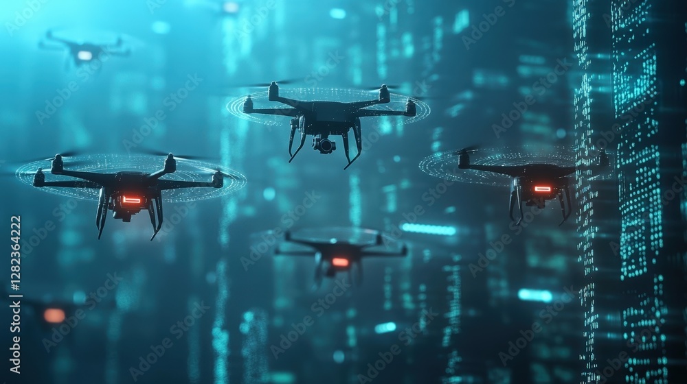 Poster multiple drones are flying and recording data in a cyberspace environment, creating a futuristic sce