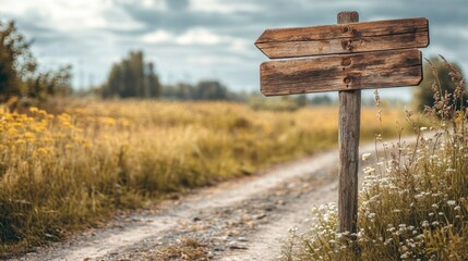 Naklejka premium Rustic Wooden Directional Signpost along Rural Road with Cloudy Sky in Summer