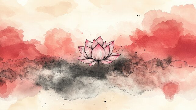 Abstract Watercolor Art Featuring a Delicate Pink Lotus Flower Against a Soft Red and Black Background Evoking Serenity and Tranquility