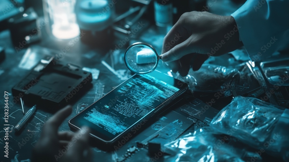 Poster technician uses a magnifying glass to examine code displayed on a smartphone screen, surrounded by c