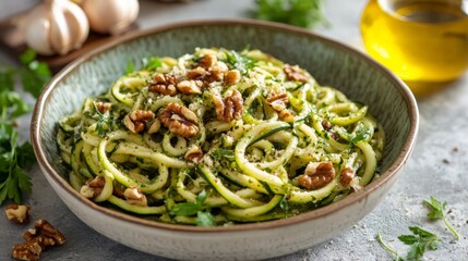 Fresh zucchini noodles topped with walnut pesto and garnished with herbs