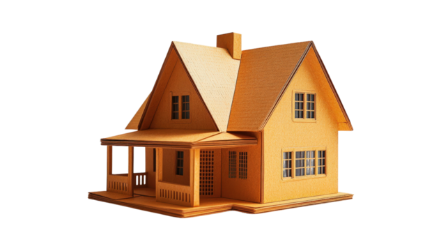 Model of a house displayed on a black background showcasing architectural design and structural details Isolate white background.