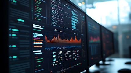Multiple Monitors Displaying Data Analysis Code and Graphs