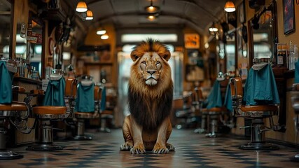 Lion calmly sits in an old-fashioned barbershop and observes the surroundings with curiosity and poise