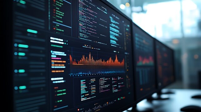 Multiple Monitors Displaying Data Analysis Code and Graphs