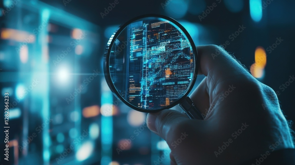 Poster hand holding magnifying glass inspecting server racks with flashing data code in data center, highli
