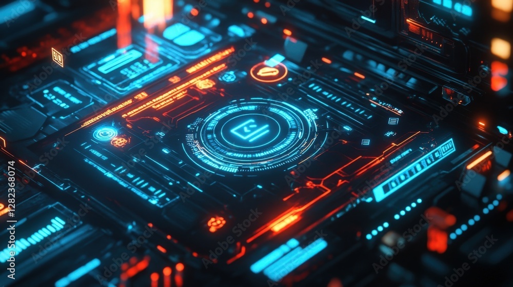 Poster complex digital interface featuring glowing neon symbols, intricate circuits, and data streams, illu