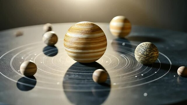Planetary system model with Jupiter-like planet at center, orbiting bodies, and orbital paths.