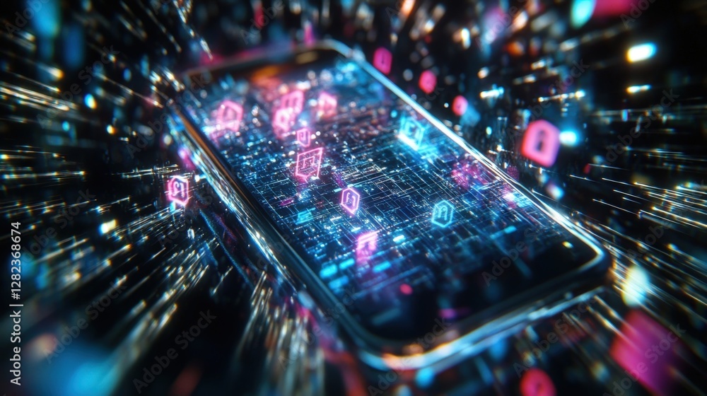 Aufkleber futuristic smartphone with glowing lines and padlock icons is ensuring data transmission security, r