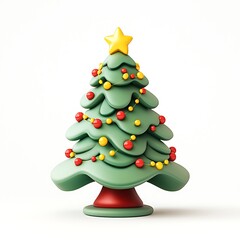 3D Christmas tree icon on a white background, in a green color, with a cute cartoon style, colorful, with red and yellow beads around the trunk 