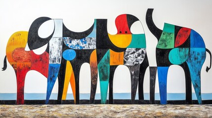 Abstract painting of three colorful geometric elephants standing together