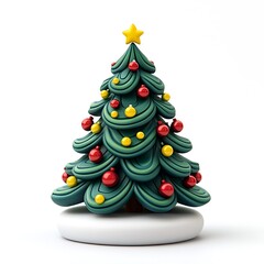 3D Christmas tree icon on a white background, in a green color, with a cute cartoon style, colorful, with red and yellow beads around the trunk 