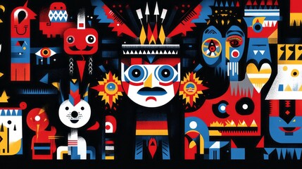 Obraz premium Colorful geometric abstract folk art features totem like characters