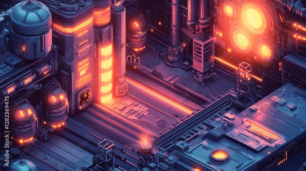 Poster cyberpunk cityscape isometric view with neon lights and geometric patterns