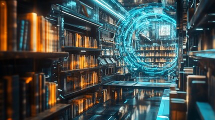 Fototapeta premium Futuristic Library with Glowing Portal and Ancient Books, Digital Age
