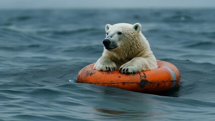 Polar bear floating on an orange life ring in deep blue water under a cloudy sky near the region