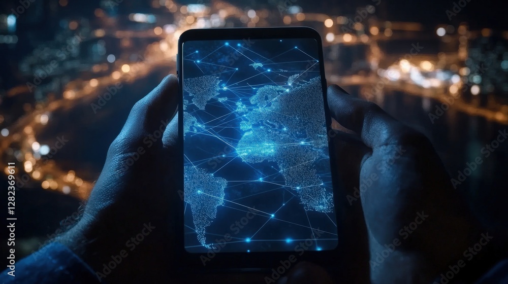 Poster businessman is holding a smartphone displaying a world map with network connections, symbolizing glo