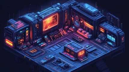 Intricate Pixel Art of a Futuristic Computer Core with Glowing Blue and Orange Accents