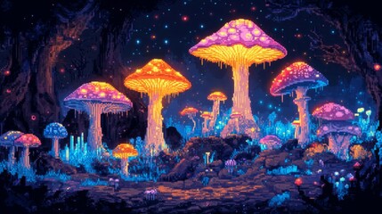 Vibrant Pixel Art of Glowing Mushrooms in a Magical Forest at Night with Sparkling Stars