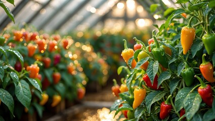 Colorful peppers thriving in a greenhouse during the golden hour of the afternoon