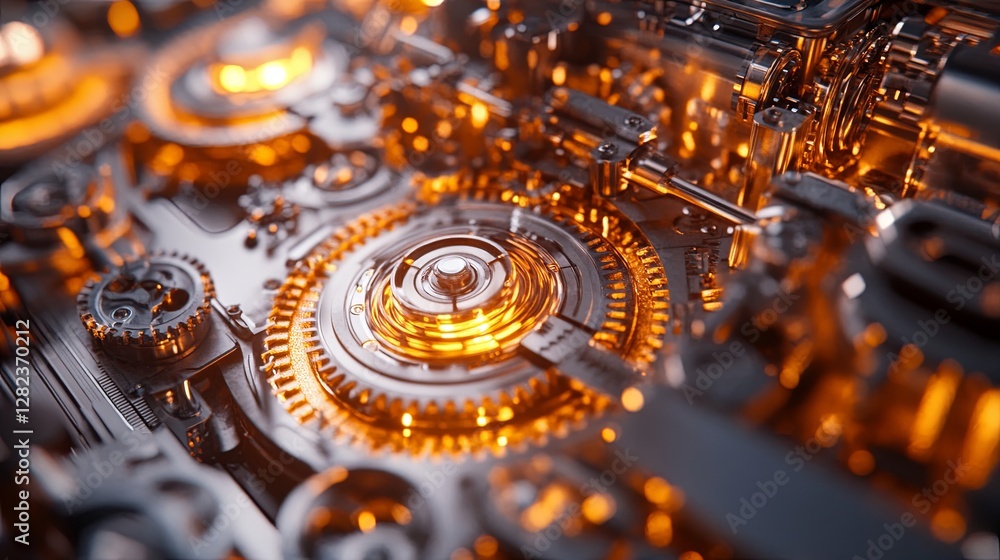 Aufkleber complex mechanisms with intricate gears and glowing elements showcasing a blend of technology and ar