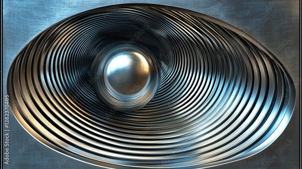 Poster unique metallic sculpture featuring concentric waves and a central orb created with precision crafts