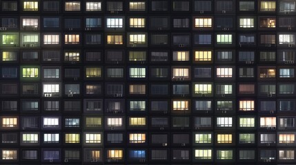 Fototapeta premium Colorful windows illuminate a night sky over an urban apartment building in a bustling city environment