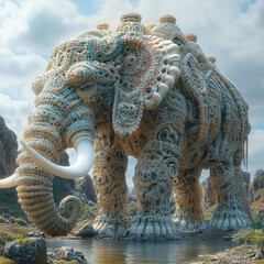 Fototapeta premium A fantastical, elephant-like creature with coral moss-like patterns, standing on a rocky landscape It exhibits shades of blue, green, and white Faces left, trunk extending, tusks prot - AI-Generated